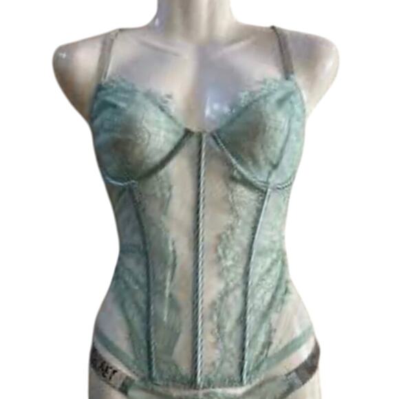 Victoria Secret Lingerie Bustier Corset XL Light Mint Blue Lace rhinestone Strap - Picture 9 of 10